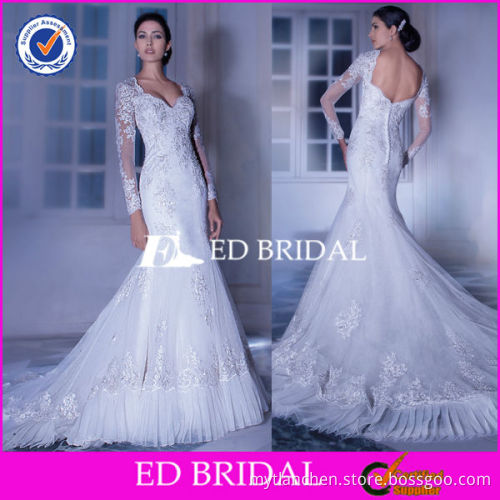 2579 Long Sleeve Lace Mermaid Organza Ruffle Skirt Sexy Bare Back Wedding Dresses